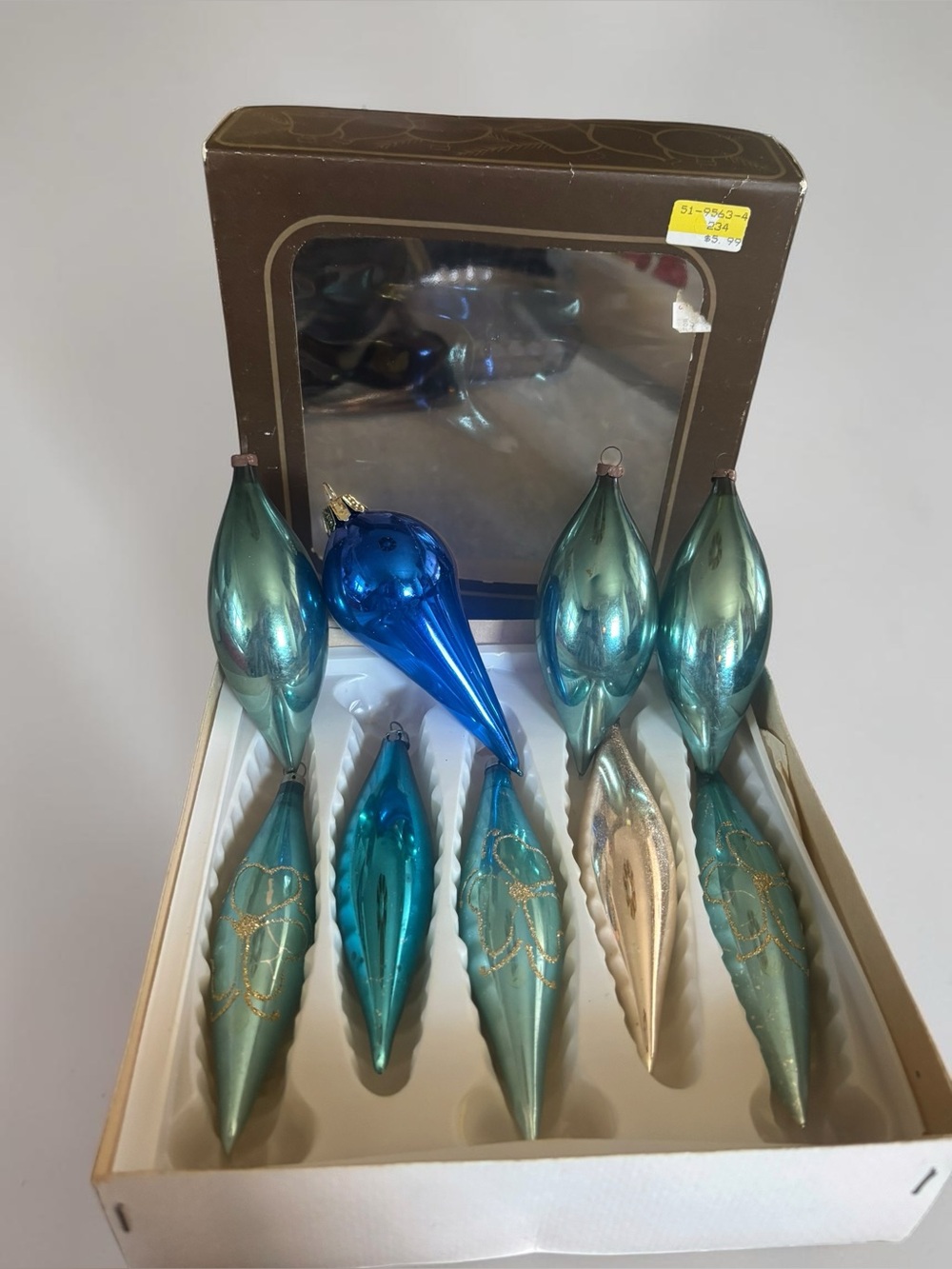 Vintage Czech Glass Teardrop Christmas Ornaments Set 9 Alderbrook Blue Aqua